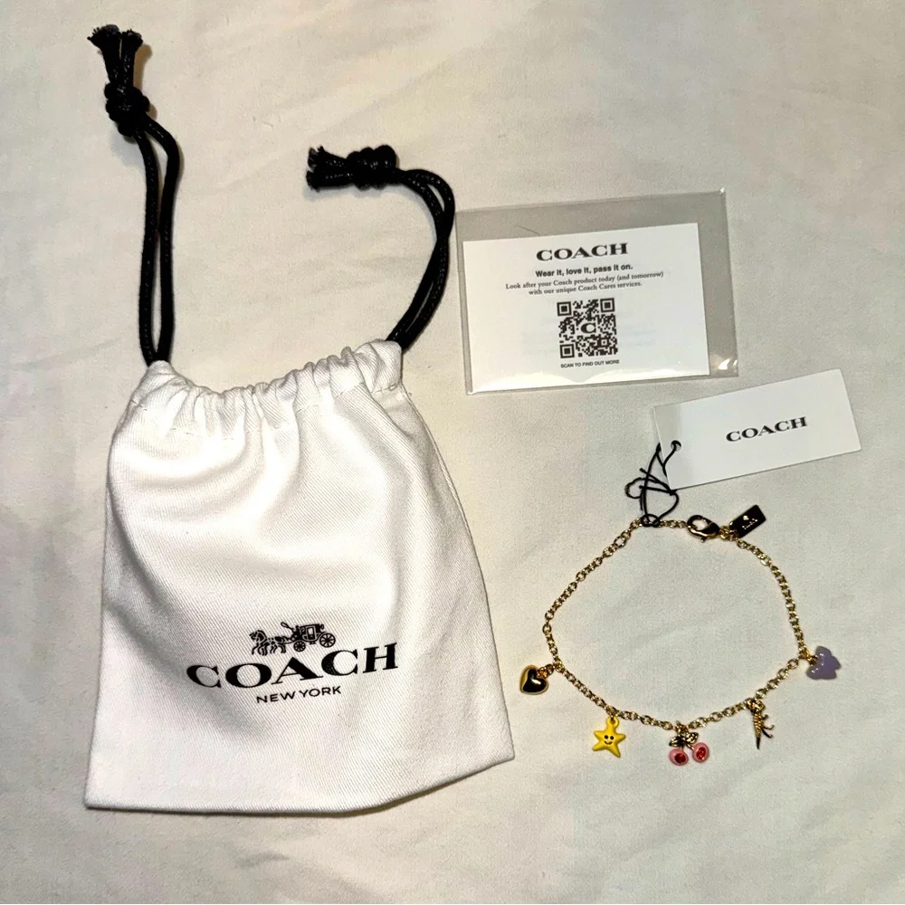 New COACH Charm Gold Bracelet, Lavender Butterfly/Rex/Cherries/Yellow Star/Heart